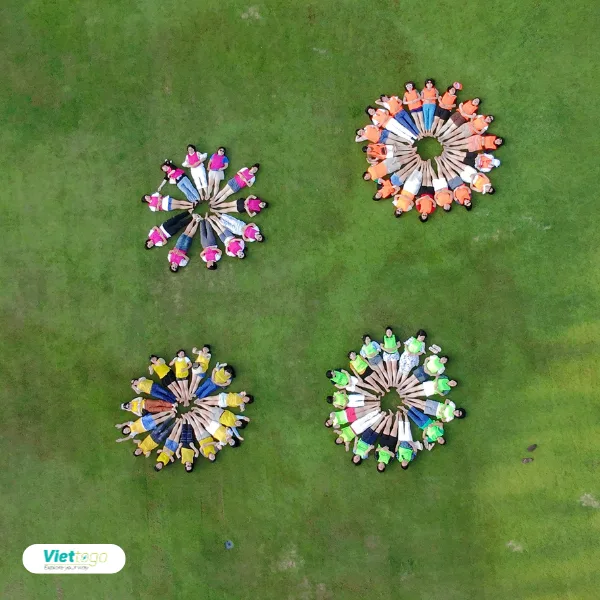 Ảnh flycam đội nhóm xếp hình vòng tròn trên thảm cỏ xanh tại team building ngoài trời